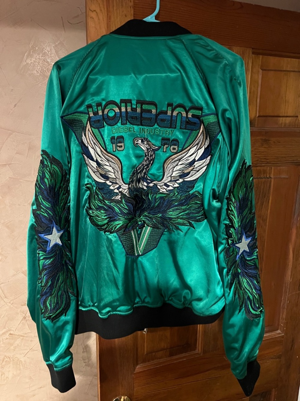 Diesel Reversible Emerald Green Satin/Black Velvet Embroidered Varsity Jacket